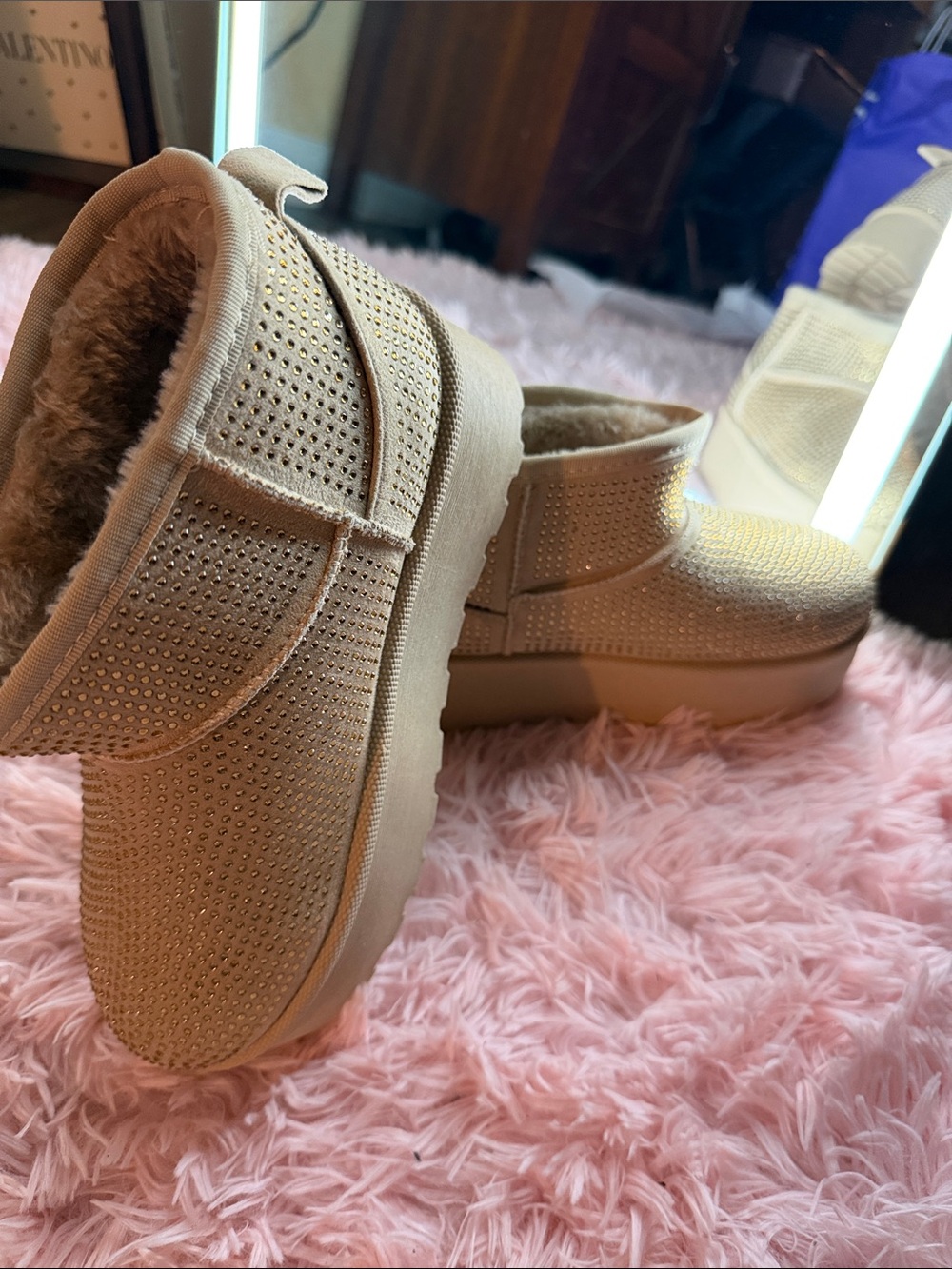 Windsor Beige Crystal-Embellished Cozy Booties